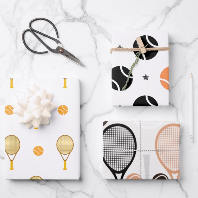 Tennis Star Orange & Black Racket Ball Muster Geschenkpapier Set (Vorderseite)
