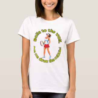 Tennis thematischer T - Shirt mit lustigen Punnen.