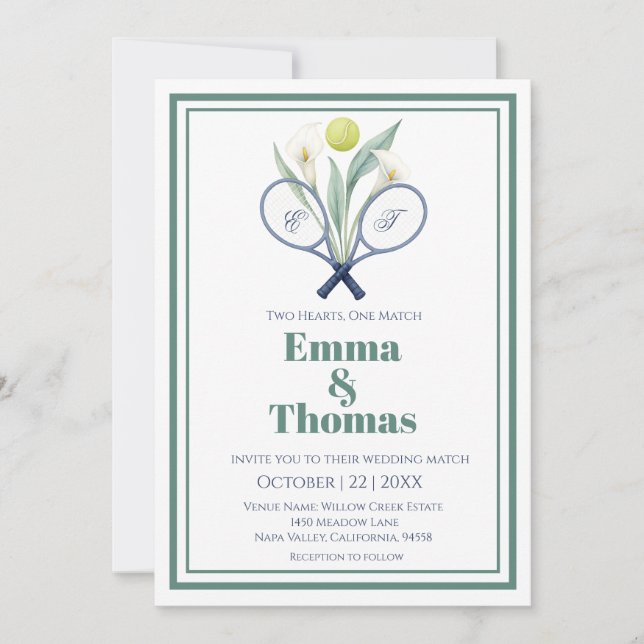 Tennis Themed Tenniscore Wedding Calla Einladung (Vorderseite)