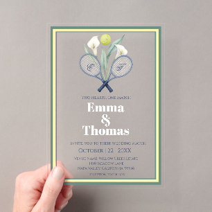 Tennis-Themensch Hochzeit mit Calla-Lilien Acryleinladungen