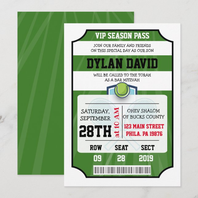 TENNIS VIP TICKET Bar Bat Mitzvah Einladung (Vorne/Hinten)