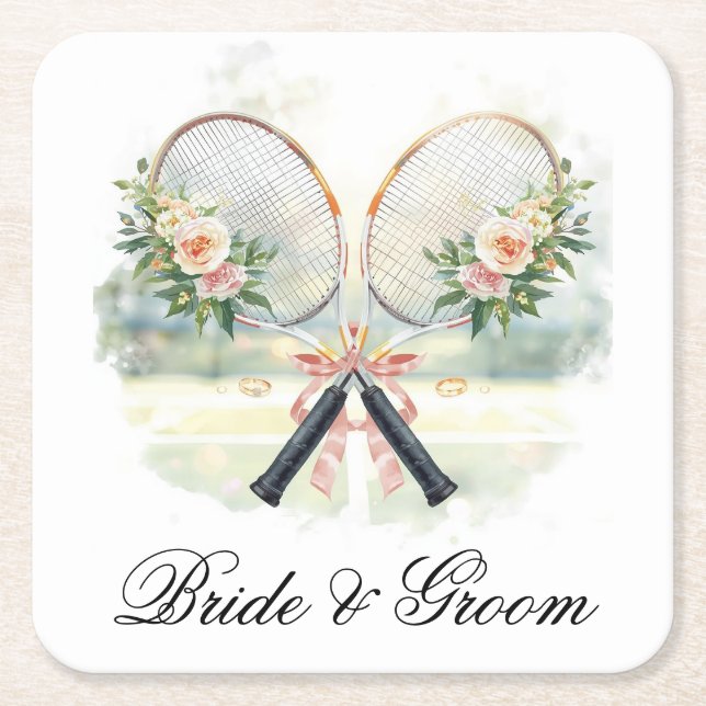 Tennis Wedding Racket with Flowers Bride & Groom  Rechteckiger Pappuntersetzer (Vorderseite)