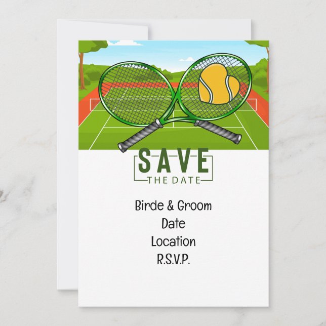 Tennis Wedding Save the Date mit Ball und Schläger Einladung (Vorderseite)