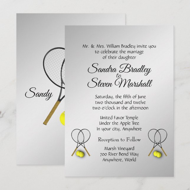 Tennis Wedding Thema Silberne Einladungen (Vorne/Hinten)