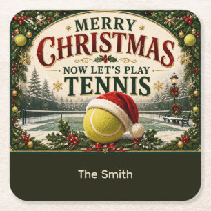 Tennis Weihnachten mit Ball Santa Hut Rechteckiger Pappuntersetzer
