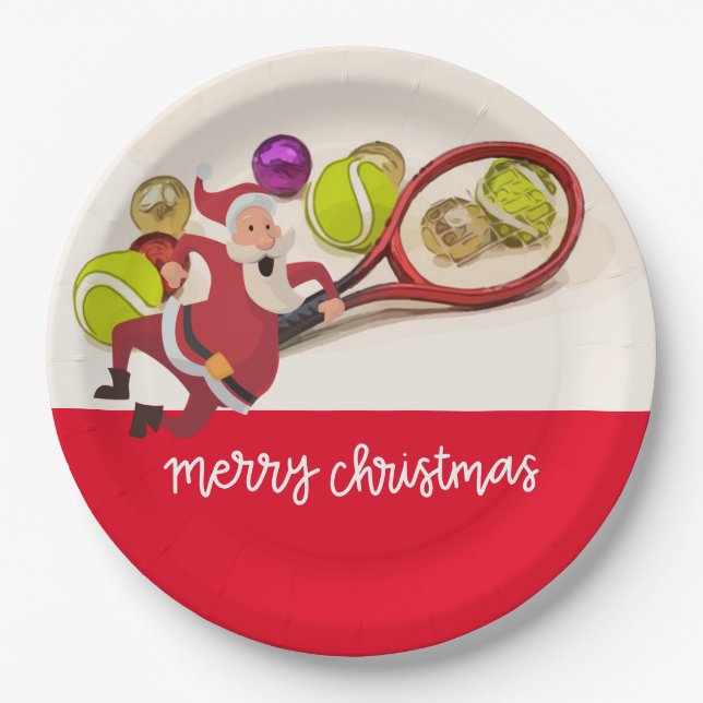 Tennis Weihnachten mit dem Weihnachtsmann Ball Rac Pappteller (Vorderseite)