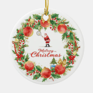 Tennis-Weihnachten mit Santa Claus mit Ballkranz Keramik Ornament