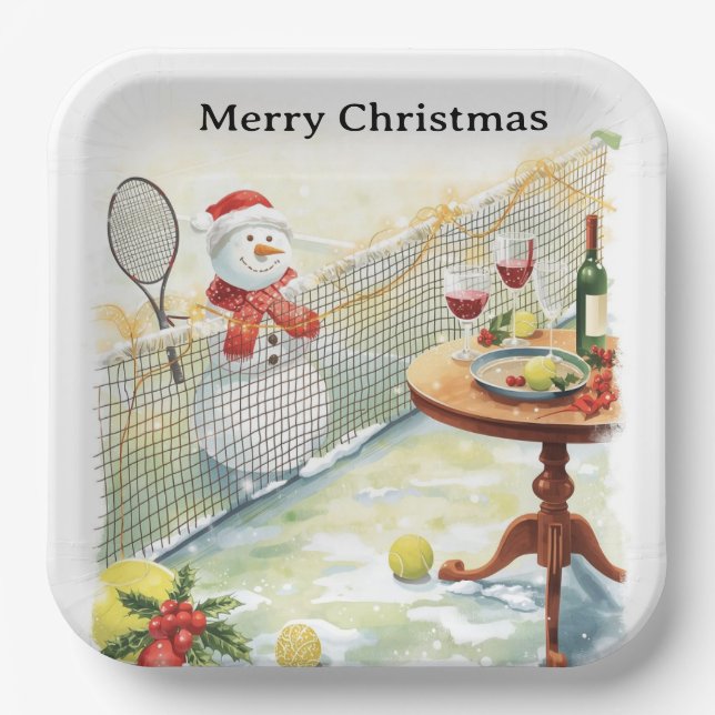 Tennis Weihnachten Thema Snowman Tennis spielen Pappteller (Vorderseite)