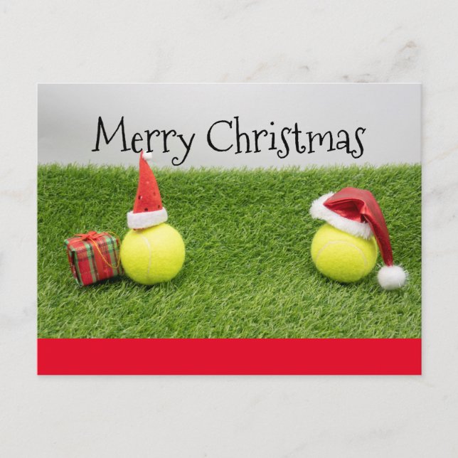 Tennis Weihnachtskarte mit Weihnachtsmannmütze auf Postkarte (Vorderseite)