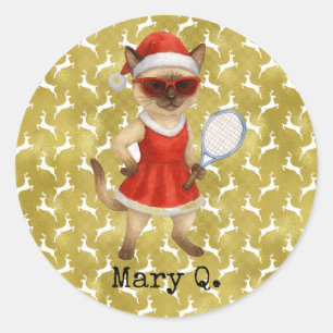 Tennis-Weihnachtsthema für Katzenliebhaber Runder Aufkleber