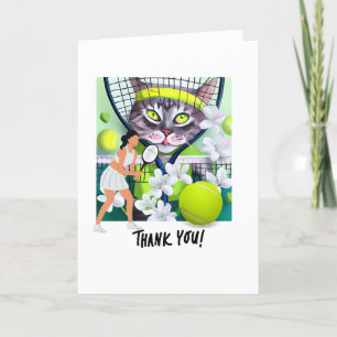 Tennis Woman Spieler hält Schläger und Ball Dankeskarte