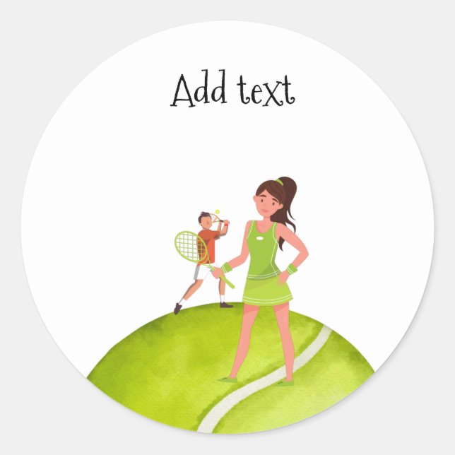 Tennis Woman Spieler hält Schläger und Ball Runder Aufkleber (Vorderseite)