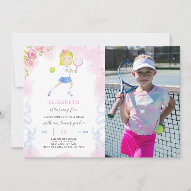 Tennis zum Geburtstag Einladung mit Foto (Vorderseite)