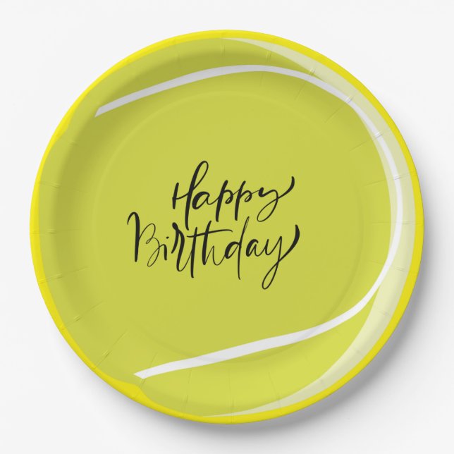 Tennisball auf gelber Happy Birthday Paper Plate Pappteller (Vorderseite)