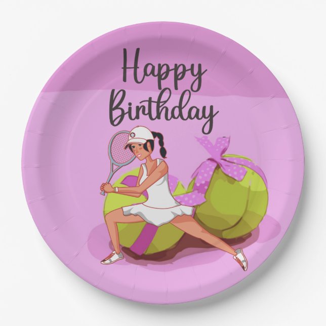 Tennisball auf rosa Happy Birthday Woman Player Pappteller (Vorderseite)