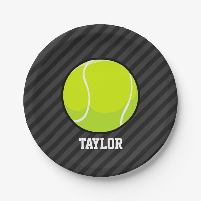 Tennisball auf schwarz-dunkelgrauen Streifen Pappteller (Vorderseite)