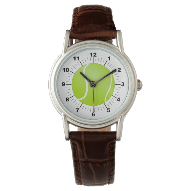 Tennisball-Ball, braunes Ledergitter Armbanduhr (Vorderseite)