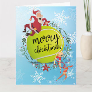 Tennisball hinter Weihnachtsmann Frohe Weihnachten Karte
