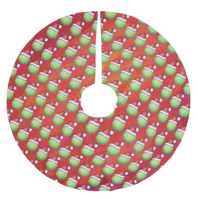 Tennisball in Weihnachtsmannmütze Muster auf Rot Polyester Weihnachtsbaumdecke (Vorderseite)