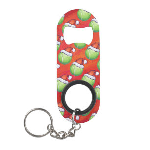 Tennisball in Weihnachtsmannmütze Muster auf Rot Schlüsselanhängerflaschenöffner
