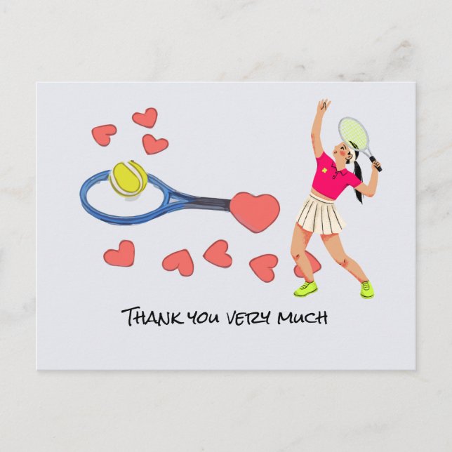 Tennisball mit blauem Schläger Danke mit Liebe Postkarte (Vorderseite)
