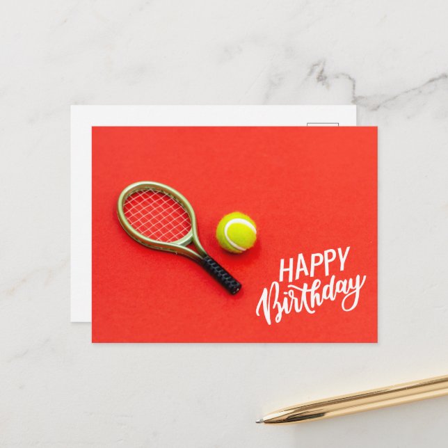 Tennisball mit Happy Birthday mit Liebe Postkarte (Vorderseite/Rückseite Beispiel)
