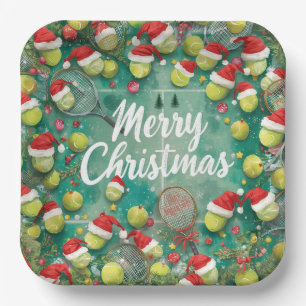 Tennisball mit Weihnachtsmannmütze auf dem Platz W Pappteller