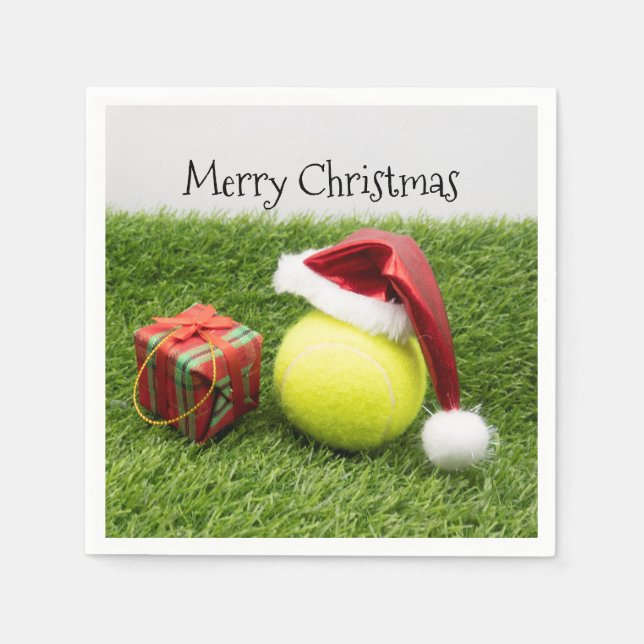 Tennisball mit Weihnachtsmannmütze Weihnachtsschei Serviette (Vorderseite)