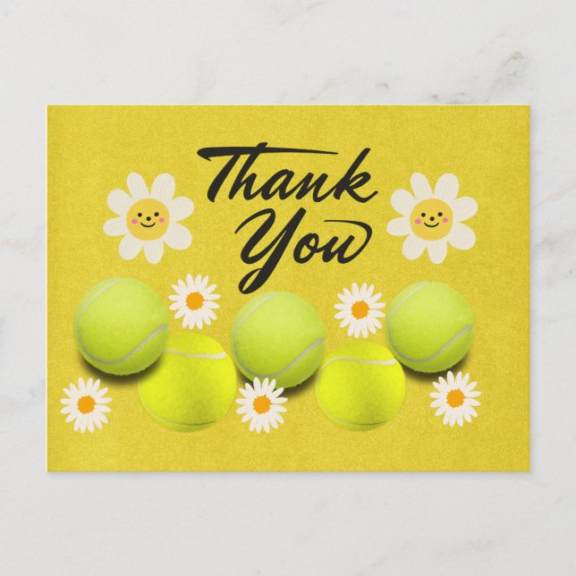Tennisball mit weißer, dunkler Blume Danke Postkarte (Vorderseite)
