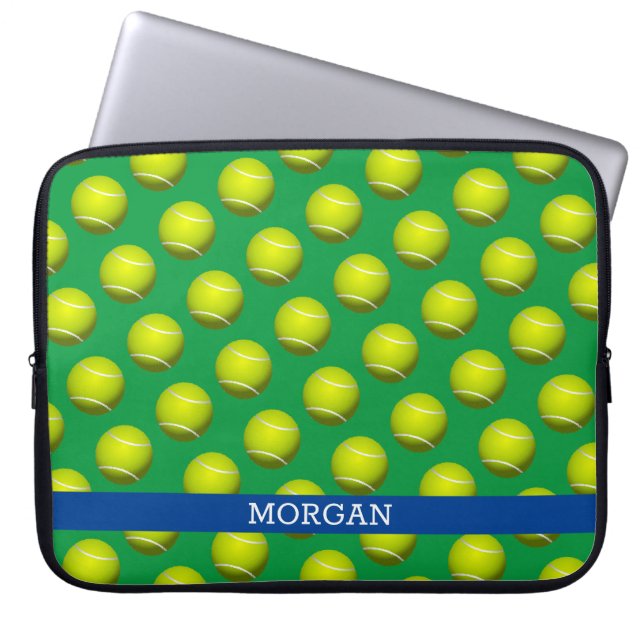 Tennisball-Muster, weißer Name, blau und grün Laptopschutzhülle (Vorderseite)