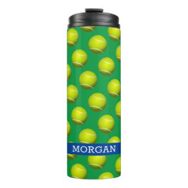 Tennisball-Muster, weißer Name, blau und grün Thermosbecher