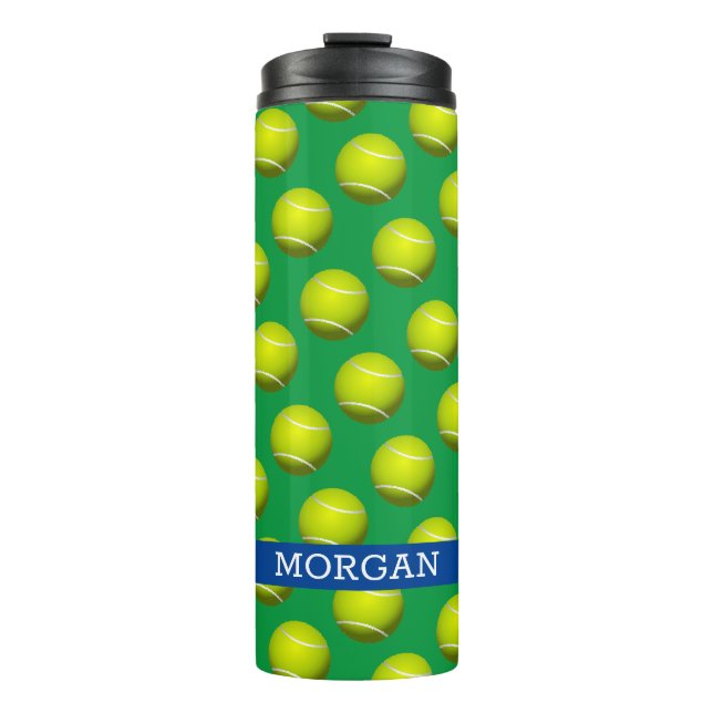 Tennisball-Muster, weißer Name, blau und grün Thermosbecher (Vorderseite)