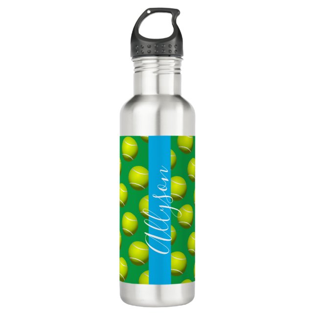 Tennisball-Muster, weißer Name, Sky Blue & Green Edelstahlflasche (Vorderseite)