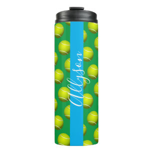 Tennisball-Muster, weißer Name, Sky Blue & Green Thermosbecher