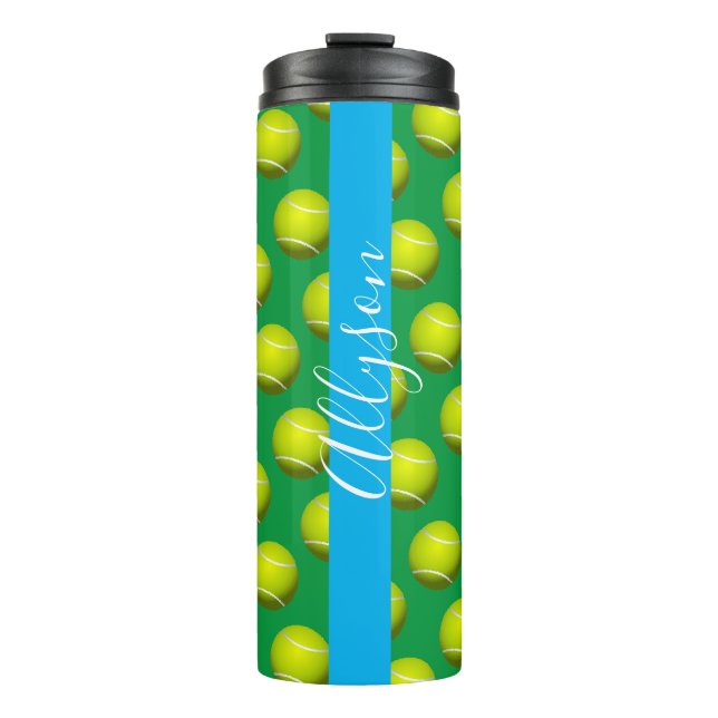 Tennisball-Muster, weißer Name, Sky Blue & Green Thermosbecher (Vorderseite)