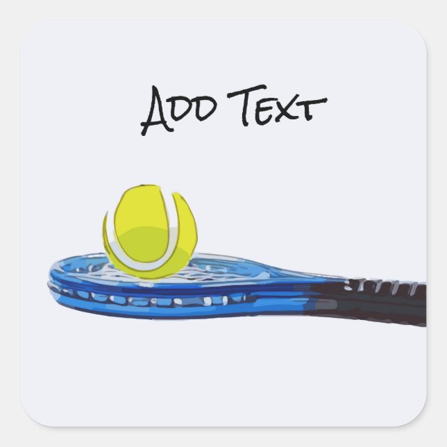 Tennisball und blaues Schläger auf weißem Hintergr Quadratischer Aufkleber (Vorderseite)