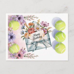 Tennisball und Blumen zum Geburtstag eines Spieler Postkarte
