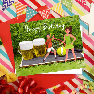 Tennisball und Glas Bier Geburtstag Postkarte