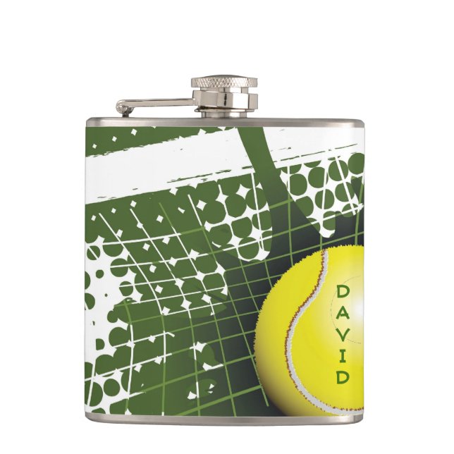 Tennisball und Netzdesign Flachmann (Vorderseite)