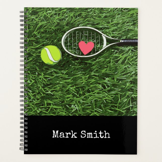 Tennisball und Schläger auf Grün mit Namen Planer (Vorderseite)