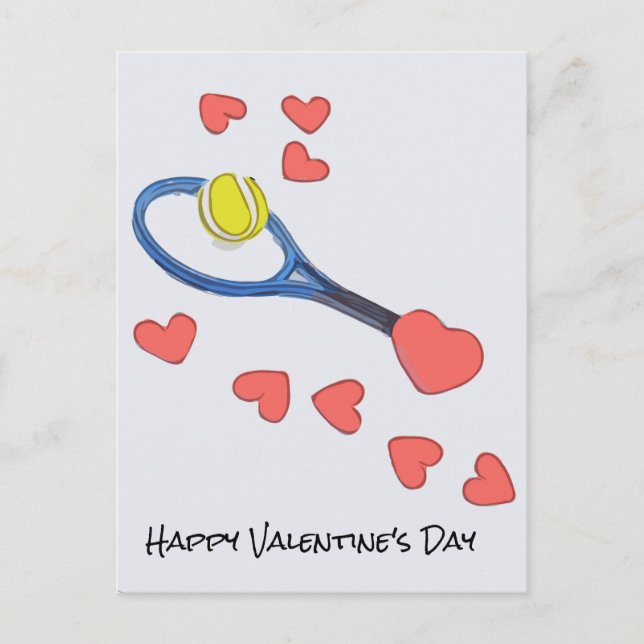Tennisball und Schläger mit rotem Herzen Valentine Postkarte (Vorderseite)