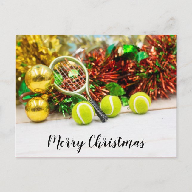 Tennisball und Schläger mit Weihnachtsdekoration Postkarte (Vorderseite)