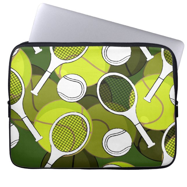 Tennisball und Schläger schwarz-weiße Tinte auf gr Laptopschutzhülle (Vorderseite)