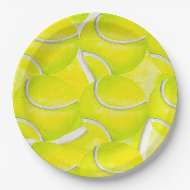 Tennisbälle auf gelbem Hintergrund für Party Pappteller (Vorderseite)