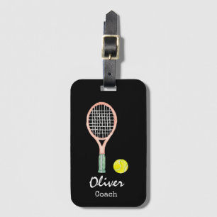 Tennisbälle und Schläger auf schwarzen Taschen Gepäckanhänger