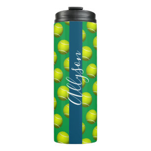 Tennisballmuster, Weißer Name Ozeanblau & Grün Thermosbecher