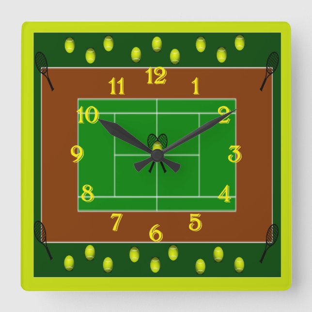 Tennisplatz u. Tennis-Schläger Quadratische Wanduhr (Vorderseite)