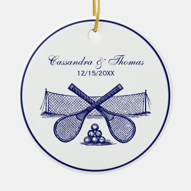 Tennisplätze, Kreuzrabatte, Balls Blau Keramik Ornament (Vorne)