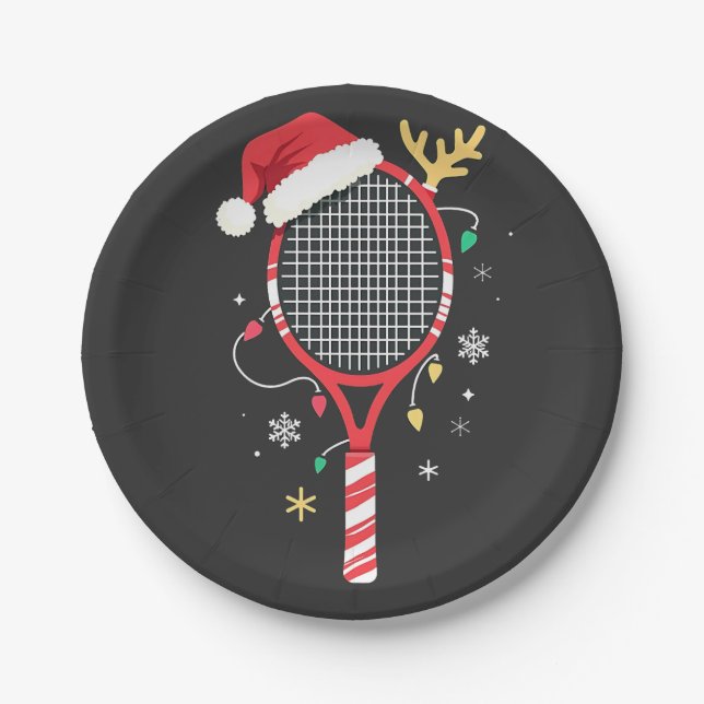 Tennissattel mit Weihnachtsmannmütze und Weihnacht Pappteller (Vorderseite)