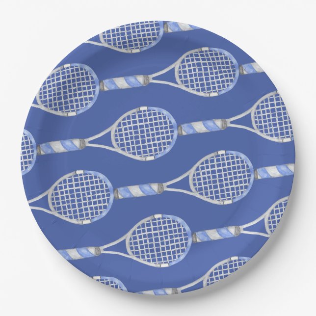 Tennisschläger auf blauem Hintergrund Party Pappteller (Vorderseite)